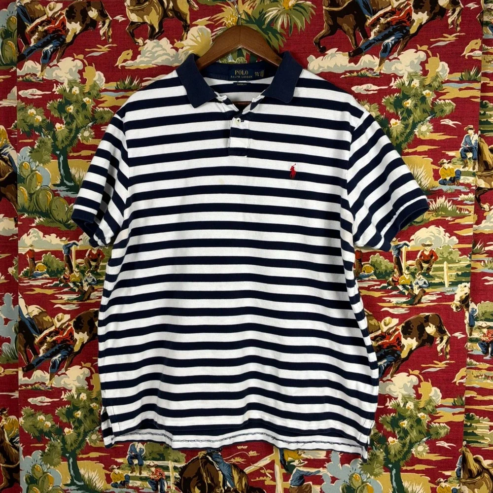 Polo Ralph Lauren Polo Shirt Mens XXL Navy White Good Striped Custom Fit